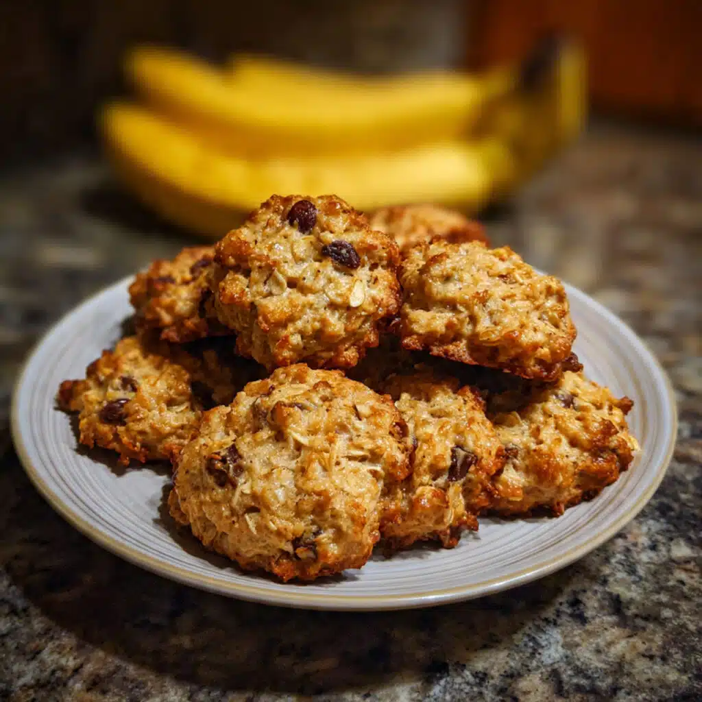 Golden brown banana oatmeal cookies arranged on a white plate with chocolate chips visible, soft and chewy texture, rustic kitchen background