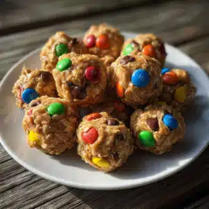 Monster Cookie Energy Balls arranged on a white plate, showing colorful mini M&Ms and chocolate chips