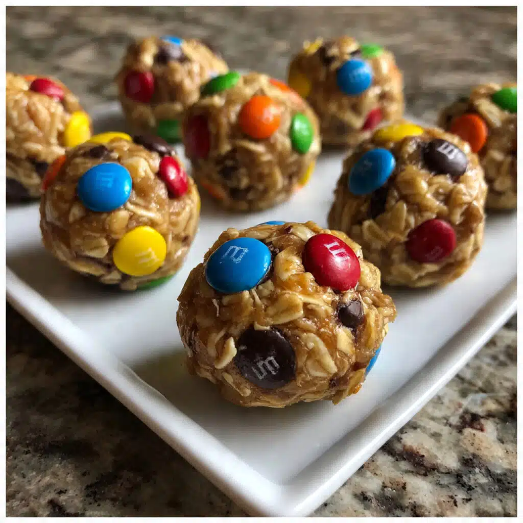 Monster Cookie Energy Balls arranged on a white plate, showing colorful mini M&Ms and chocolate chips