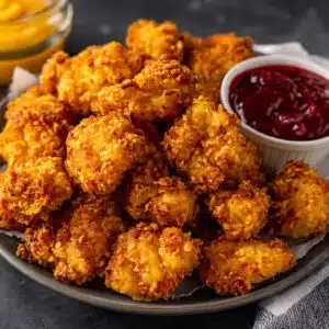 Golden crispy popcorn chicken pieces piled on a white plate with small bowls of colorful dipping sauces including ranch, honey mustard, and BBQ sauce