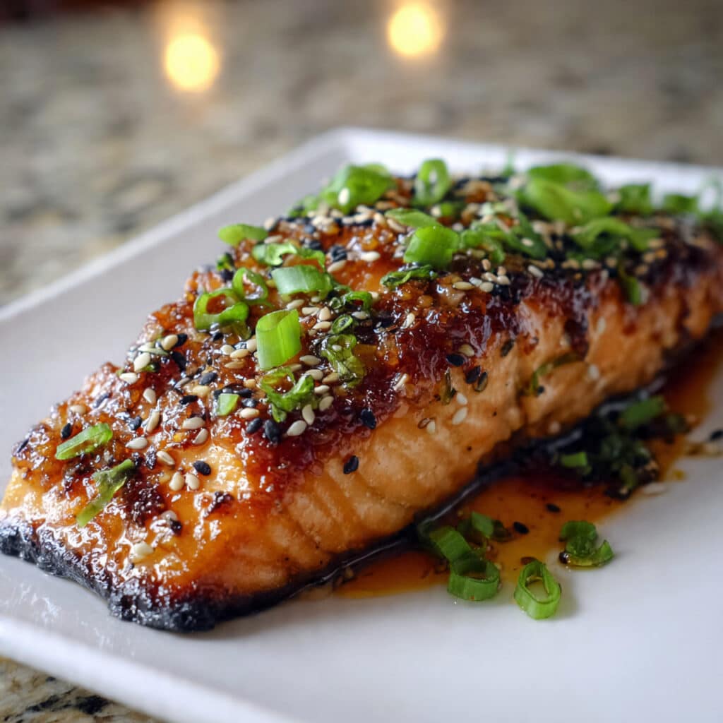 Golden brown miso glazed salmon fillet with caramelized edges, garnished with sesame seeds and green onions on a white plate
