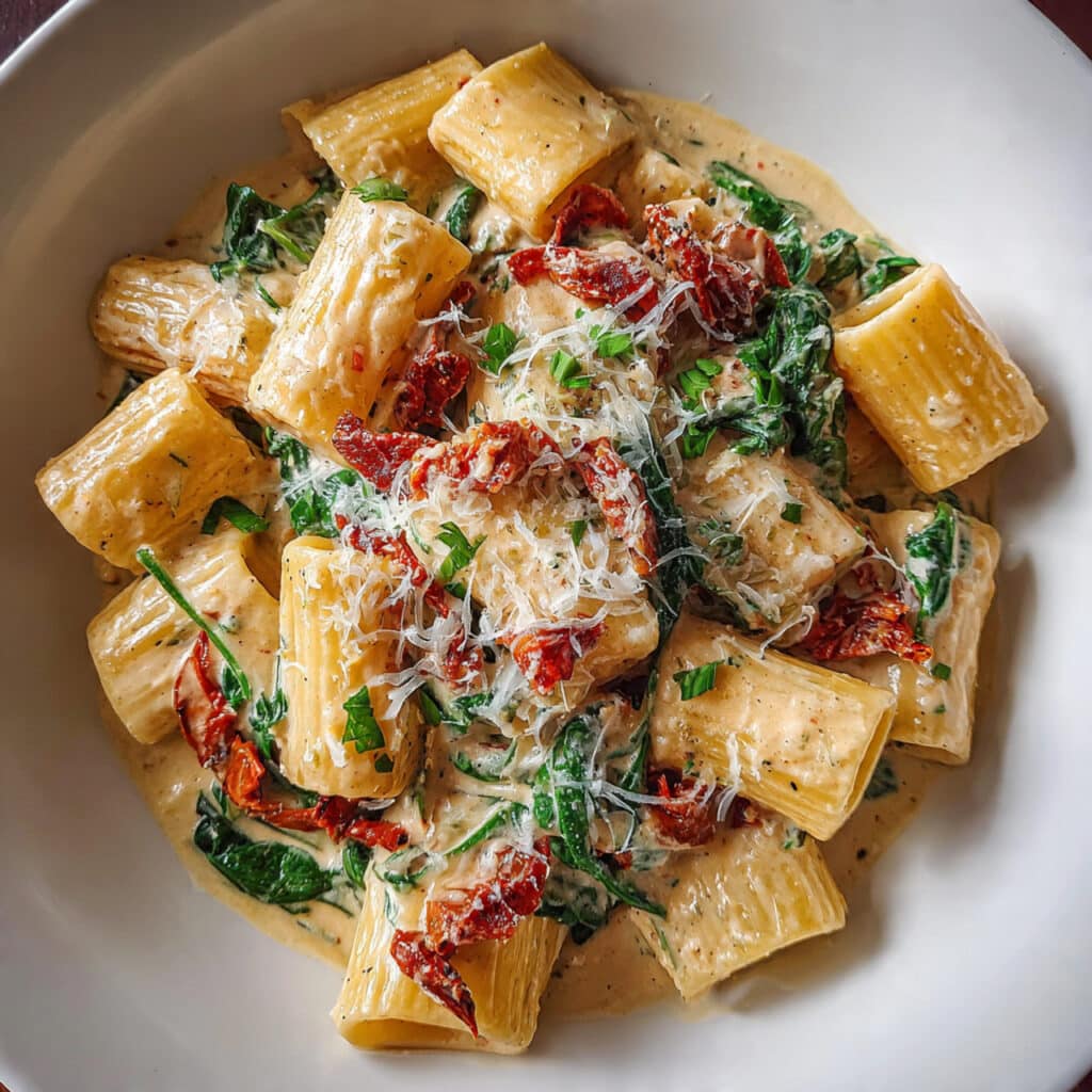 Creamy sun dried tomato pasta with spinach in a skillet, coated in a rich peachy-pink sauce with visible chunks of sun-dried tomatoes and wilted spinach throughout