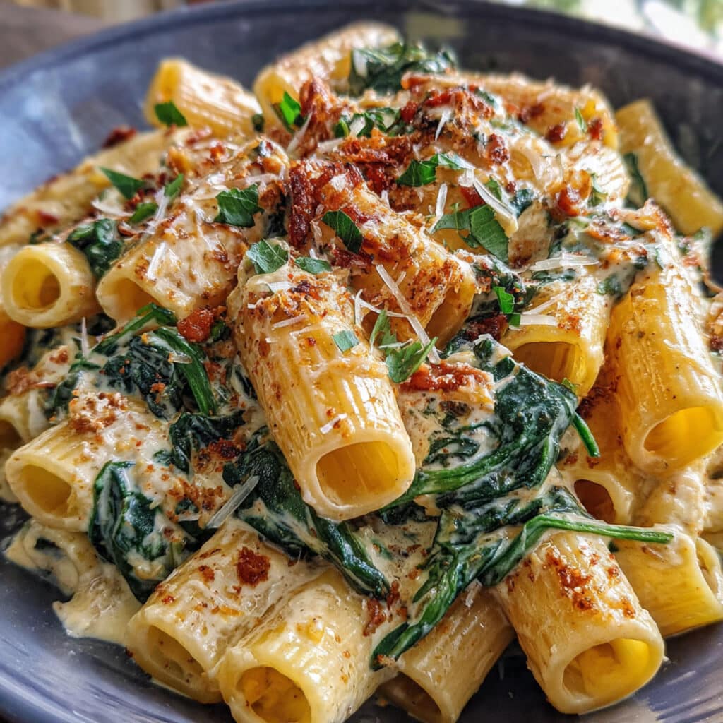 Creamy sun dried tomato pasta with spinach in a skillet, coated in a rich peachy-pink sauce with visible chunks of sun-dried tomatoes and wilted spinach throughout