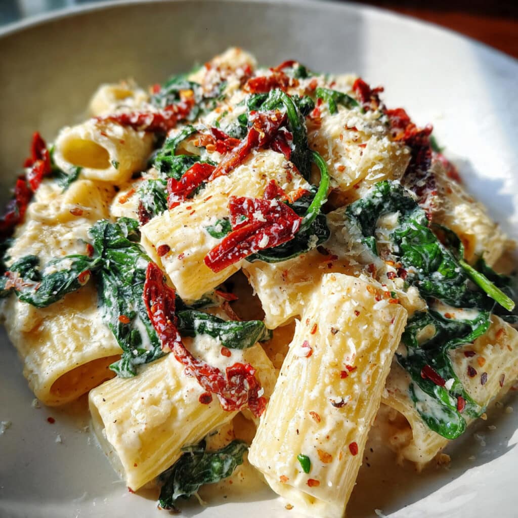 Creamy sun dried tomato pasta with spinach in a skillet, coated in a rich peachy-pink sauce with visible chunks of sun-dried tomatoes and wilted spinach throughout