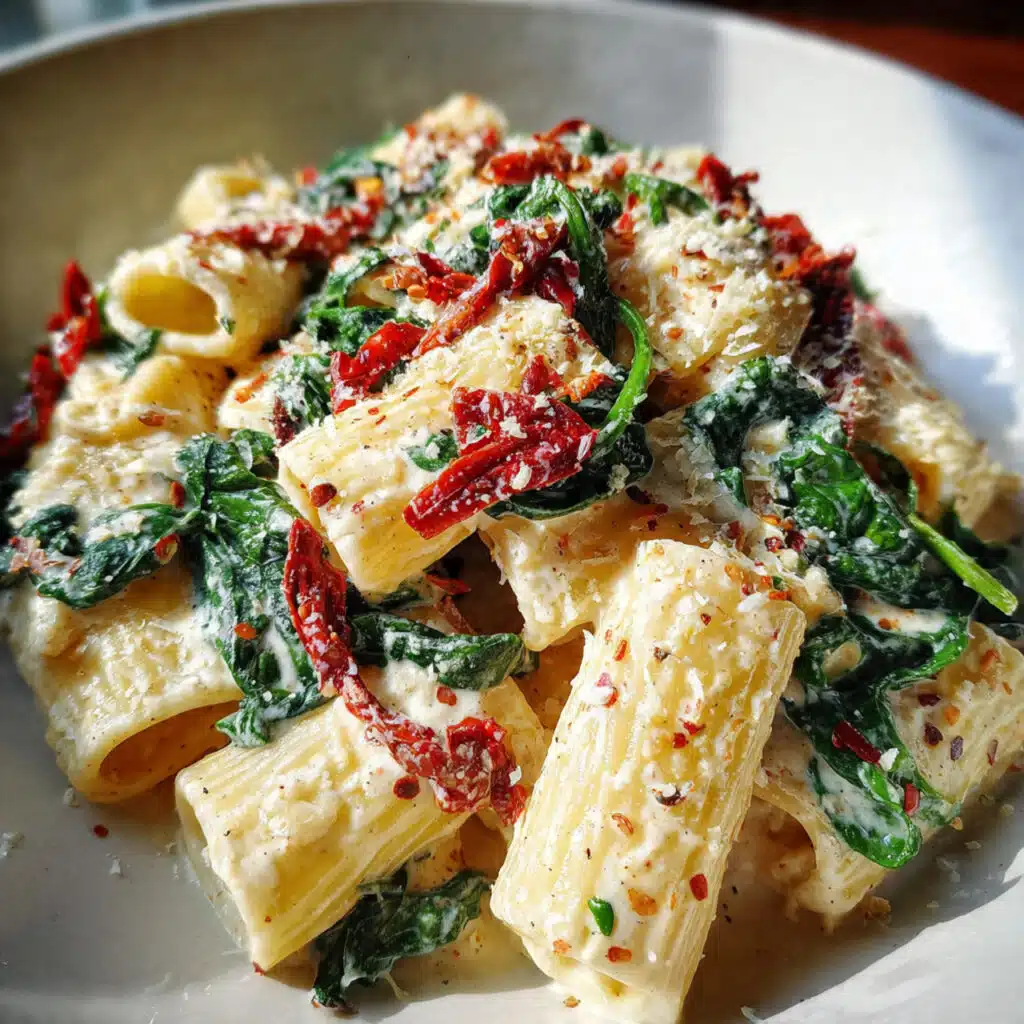 Creamy sun dried tomato pasta with spinach in a skillet, coated in a rich peachy-pink sauce with visible chunks of sun-dried tomatoes and wilted spinach throughout