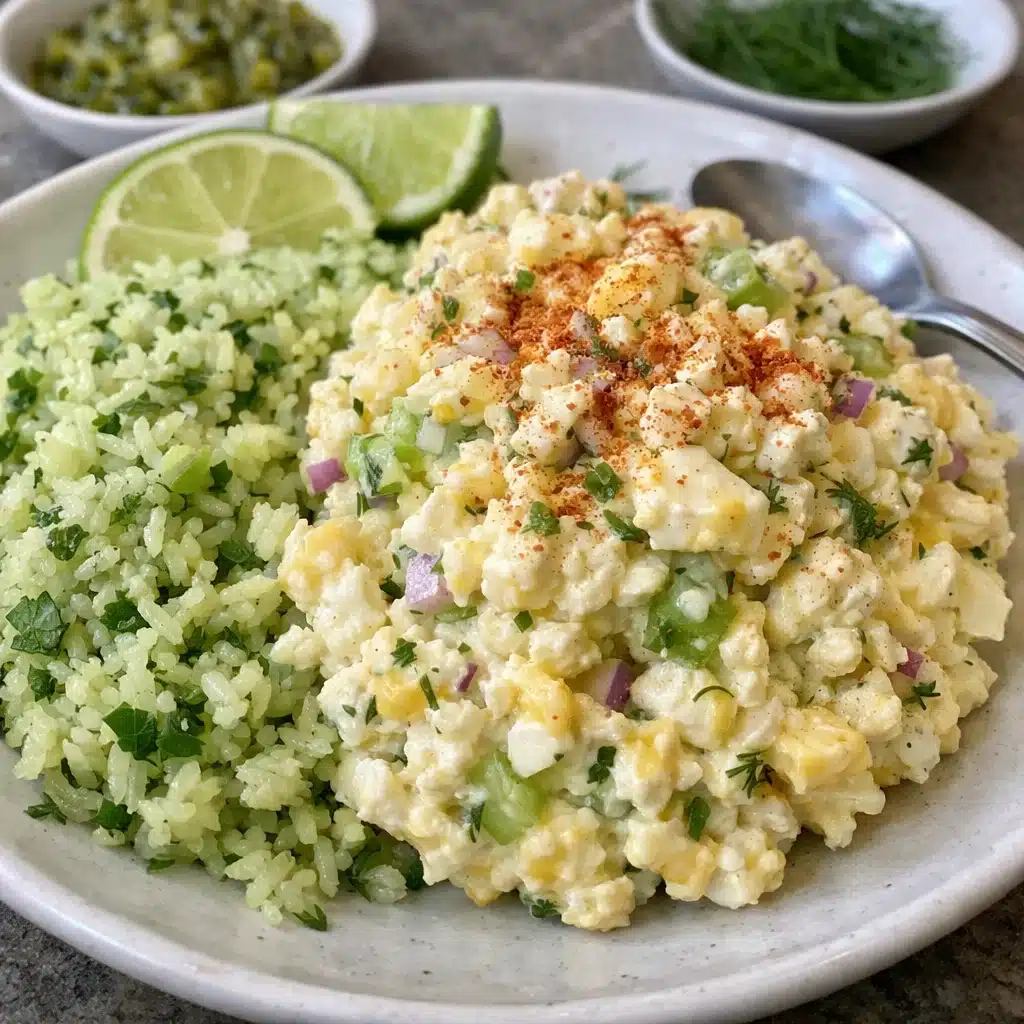 Creamy cottage cheese egg salad in a white bowl topped with fresh herbs and paprika, with celery and onions visible throughout