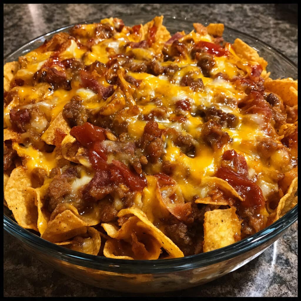 BBQ Bacon Cheeseburger Frito Pie—crispy Fritos, savory beef and bacon, tangy BBQ sauce, and loads of melted cheese baked into one irresistible comfort food casserole