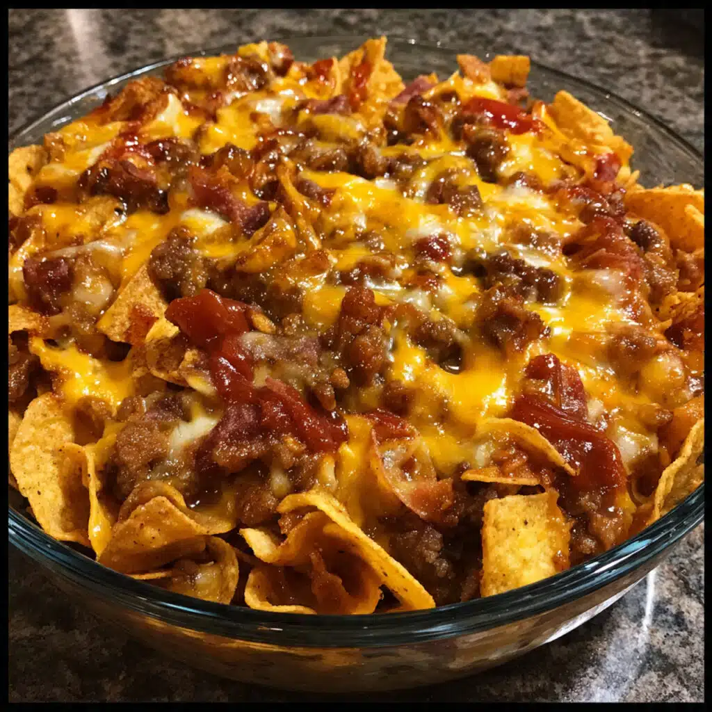 BBQ Bacon Cheeseburger Frito Pie 6 BBQ Bacon Cheeseburger Frito Pie—crispy Fritos, savory beef and bacon, tangy BBQ sauce, and loads of melted cheese baked into one irresistible comfort food casserole