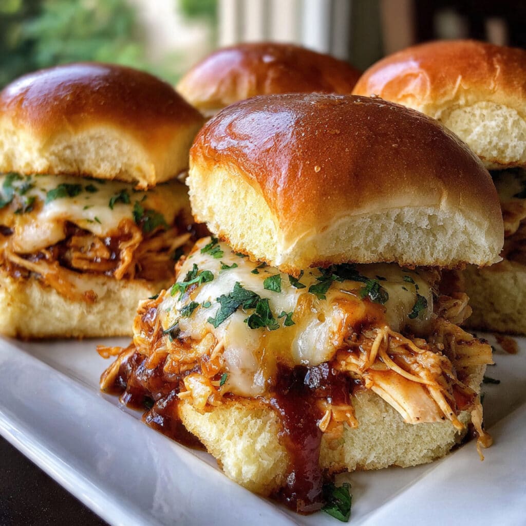 Golden brown BBQ chicken sliders in a baking dish topped with melted cheese, fresh cilantro, and red onions