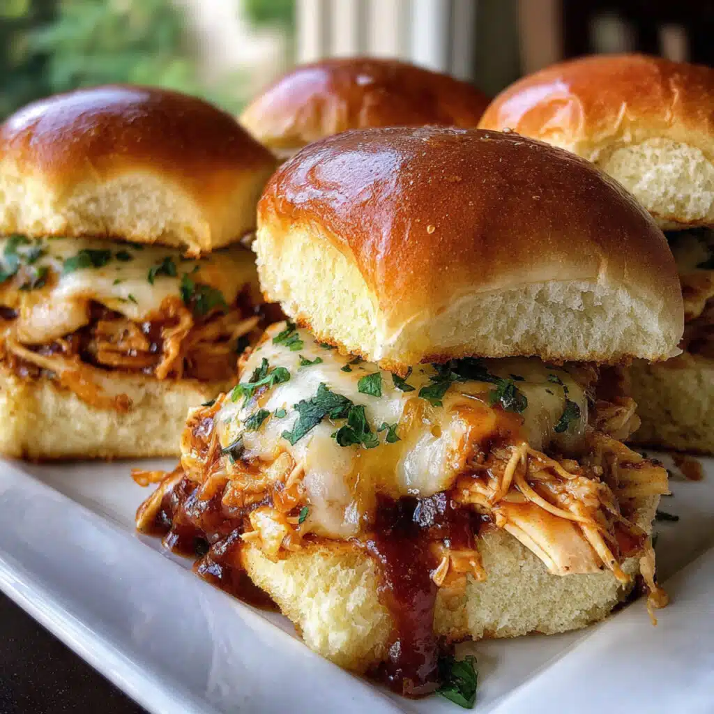 Golden brown BBQ chicken sliders in a baking dish topped with melted cheese, fresh cilantro, and red onions