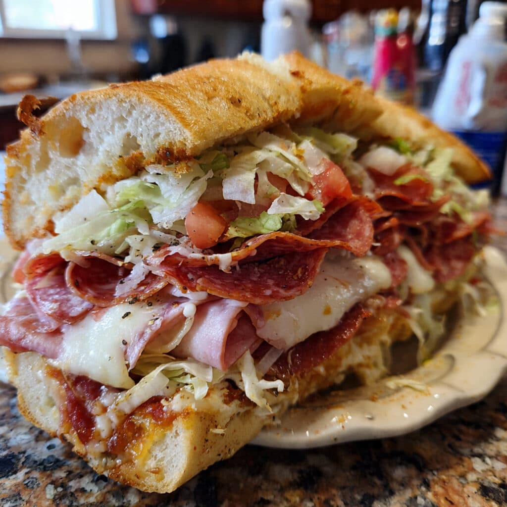 Baked Italian Grinder Sandwiches 5 Baked Italian Grinder Sandwich is loaded with ham, pepperoni, salami, melted provolone, and a zesty grinder salad on buttery garlic bread.