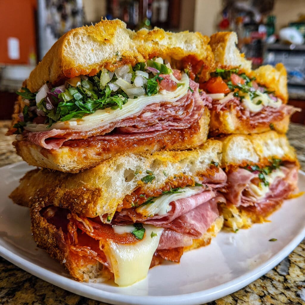 Baked Italian Grinder Sandwich is loaded with ham, pepperoni, salami, melted provolone, and a zesty grinder salad on buttery garlic bread.