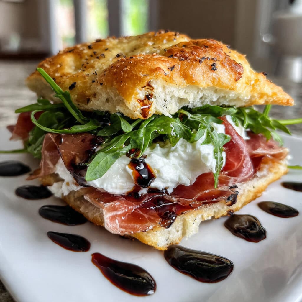 Burrata Italian Focaccia Sandwich 6 Burrata Italian focaccia sandwich cut into squares showing creamy burrata cheese, prosciutto, arugula, and roasted red peppers on fluffy focaccia bread drizzled with balsamic glaze