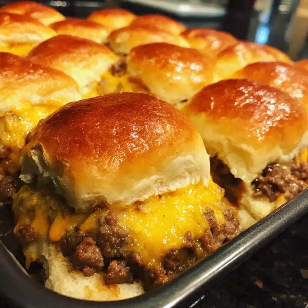 Golden brown cheeseburger sliders with melted cheese on a white platter, topped with sesame seeds and garnished with pickle slices
