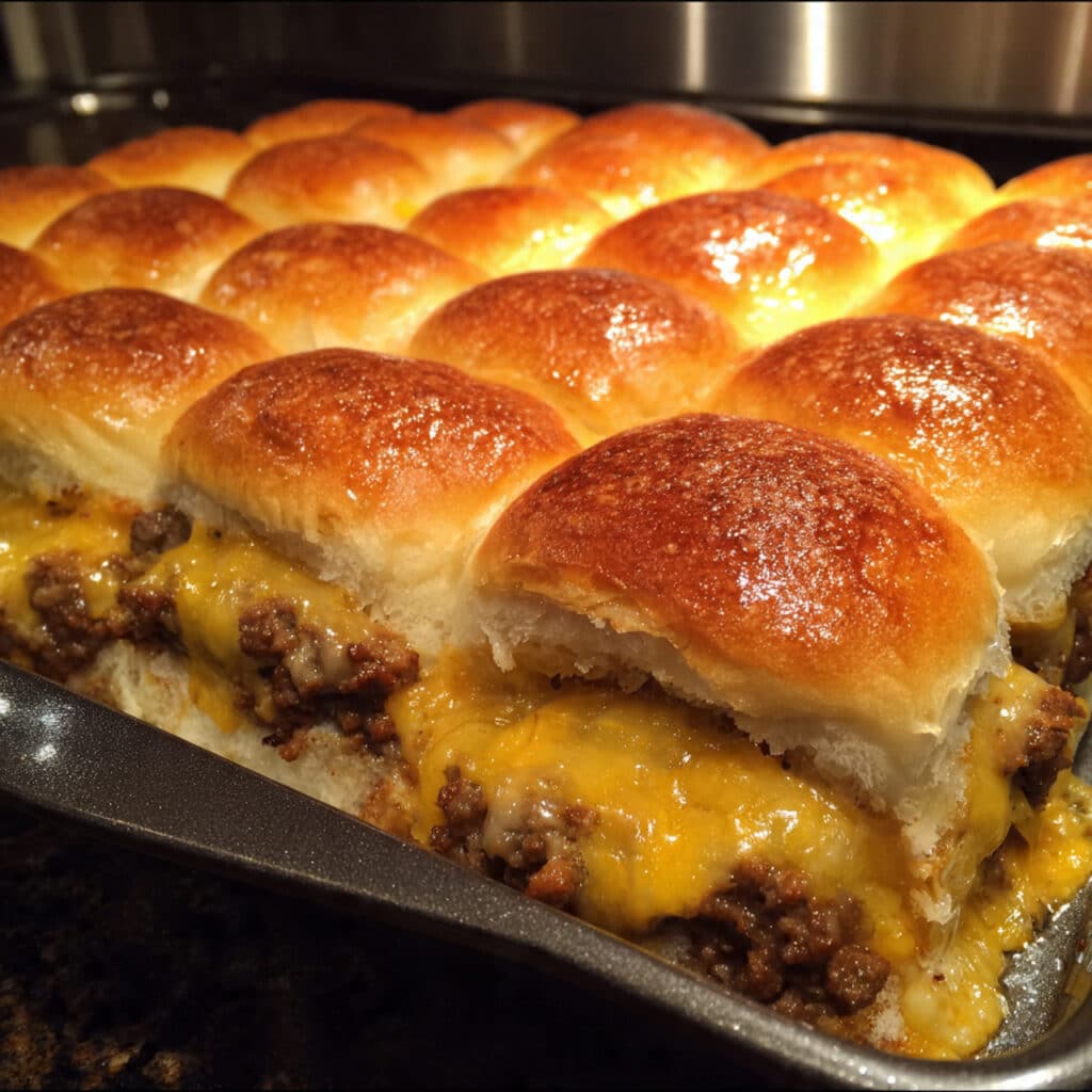 Golden brown cheeseburger sliders with melted cheese on a white platter, topped with sesame seeds and garnished with pickle slices