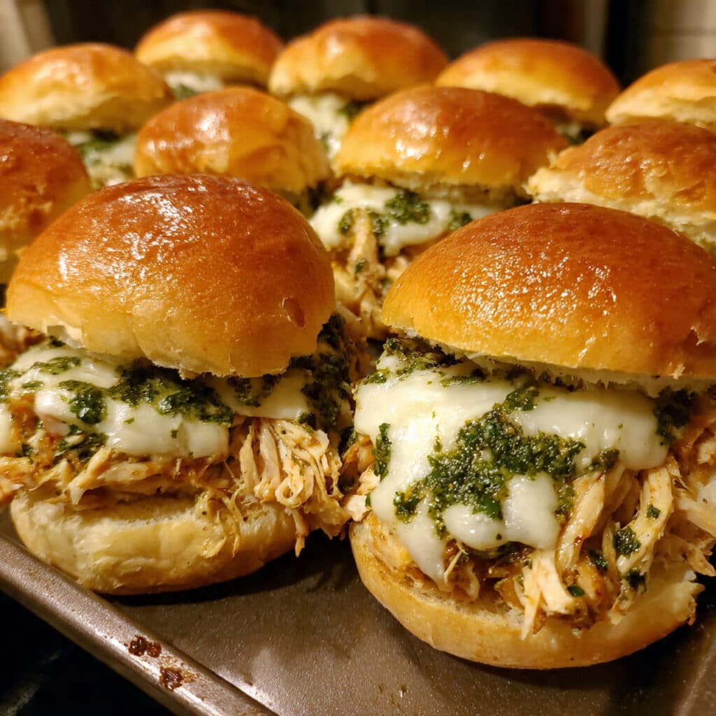 Golden-brown cheesy garlic pesto chicken sliders in a baking dish, showing melted mozzarella and herb-topped slider buns