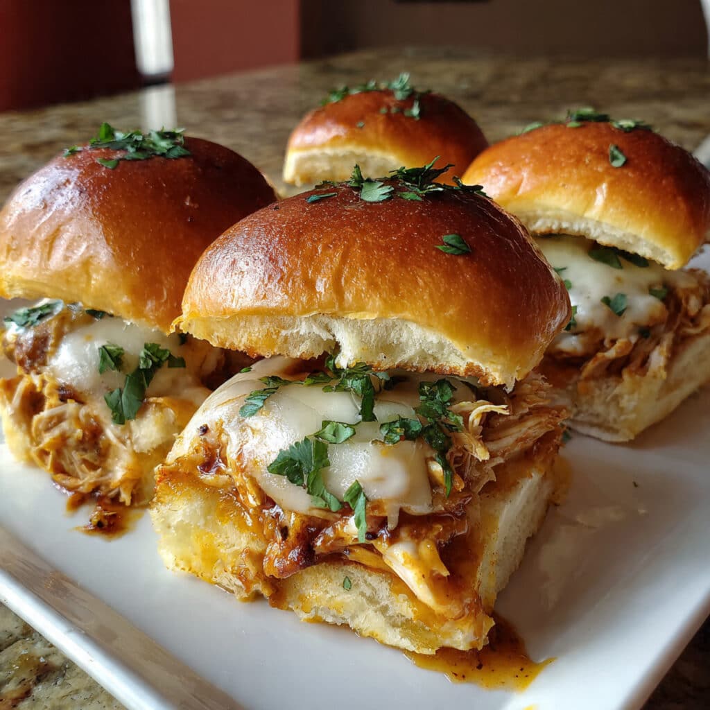 Golden-topped chicken enchilada sliders in a baking dish, filled with melted cheese and shredded chicken in enchilada sauce