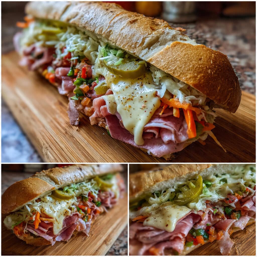 hearty chopped Italian sandwich on crusty bread filled with layers of salami, ham, mortadella, provolone cheese, crisp lettuce, tomatoes, onions, pepperoncini, and olives, drizzled with Italian dressing