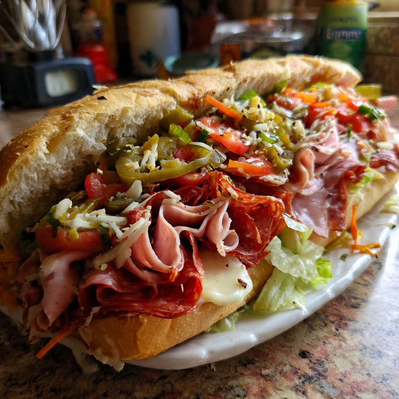 hearty chopped Italian sandwich on crusty bread filled with layers of salami, ham, mortadella, provolone cheese, crisp lettuce, tomatoes, onions, pepperoncini, and olives, drizzled with Italian dressing