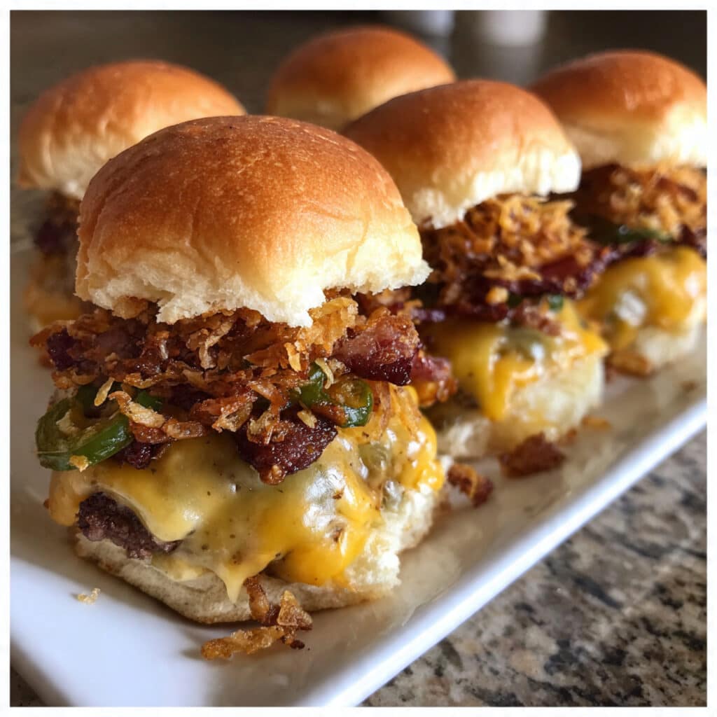 Baked cowboy sliders on Hawaiian rolls topped with melted cheddar cheese, bacon, jalapeños, and crispy fried onions in a baking dish