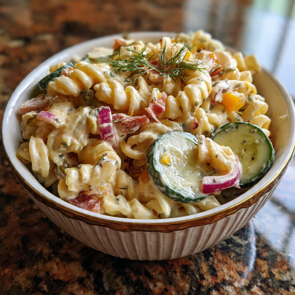 Dill Pickle Pasta Salad is the ultimate side dish for pickle lovers! Creamy, tangy, crunchy, and totally addictive. Perfect for potlucks, BBQs, and summer gatherings!