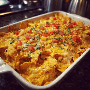 Golden bubbly Doritos chicken casserole in a white baking dish topped with melted cheese and crushed tortilla chips