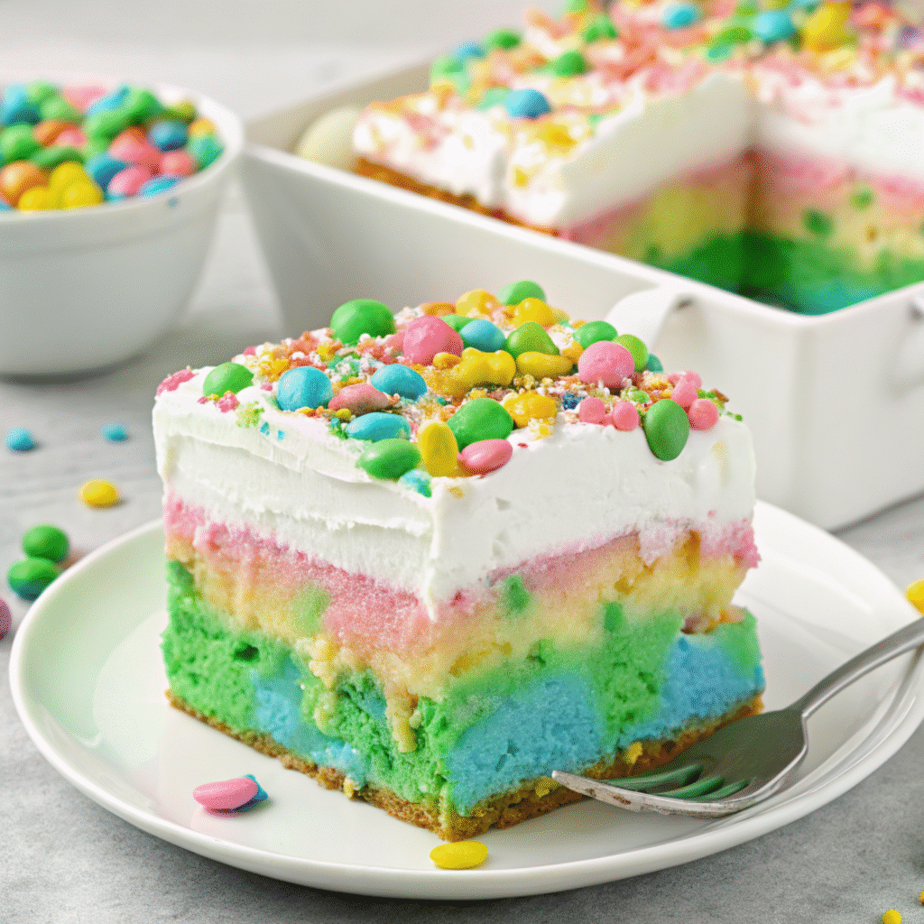 Easter poke cake with pink gelatin pockets, cream cheese frosting, and pastel sprinkles and candy decorations on a white plate