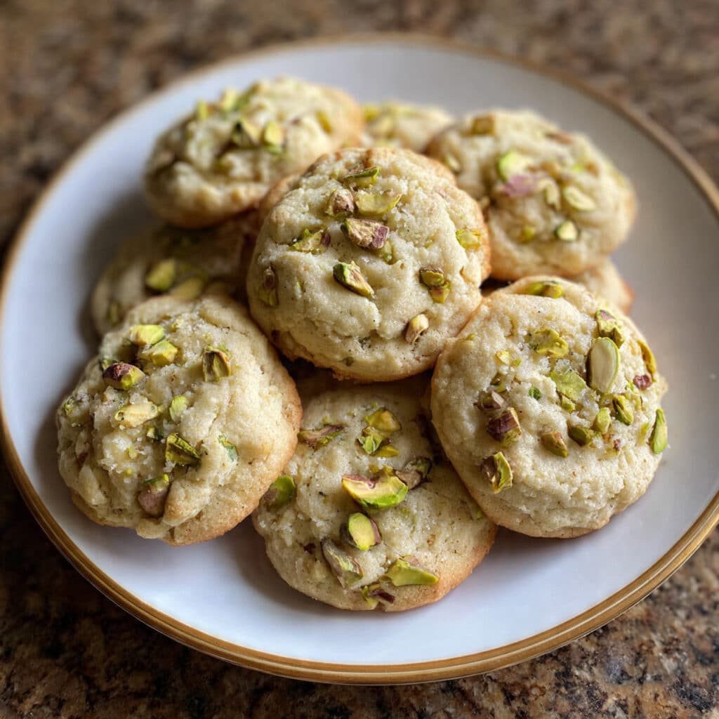 Soft pistachio pudding cookies with chopped pistachios on a white plate with a glass of milk in the background