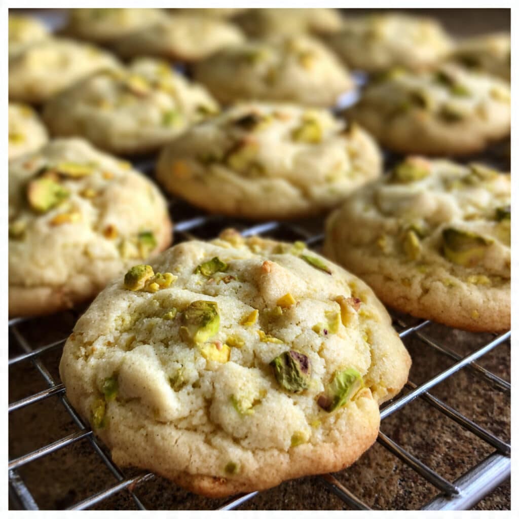 Soft pistachio pudding cookies with chopped pistachios on a white plate with a glass of milk in the background