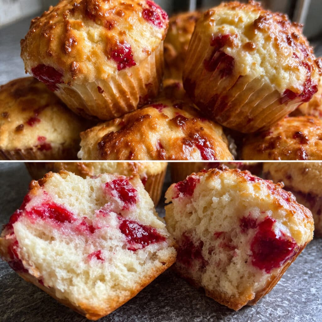 strawberry muffins with golden brown tops sprinkled with coarse sugar, arranged on a white plate with fresh strawberries