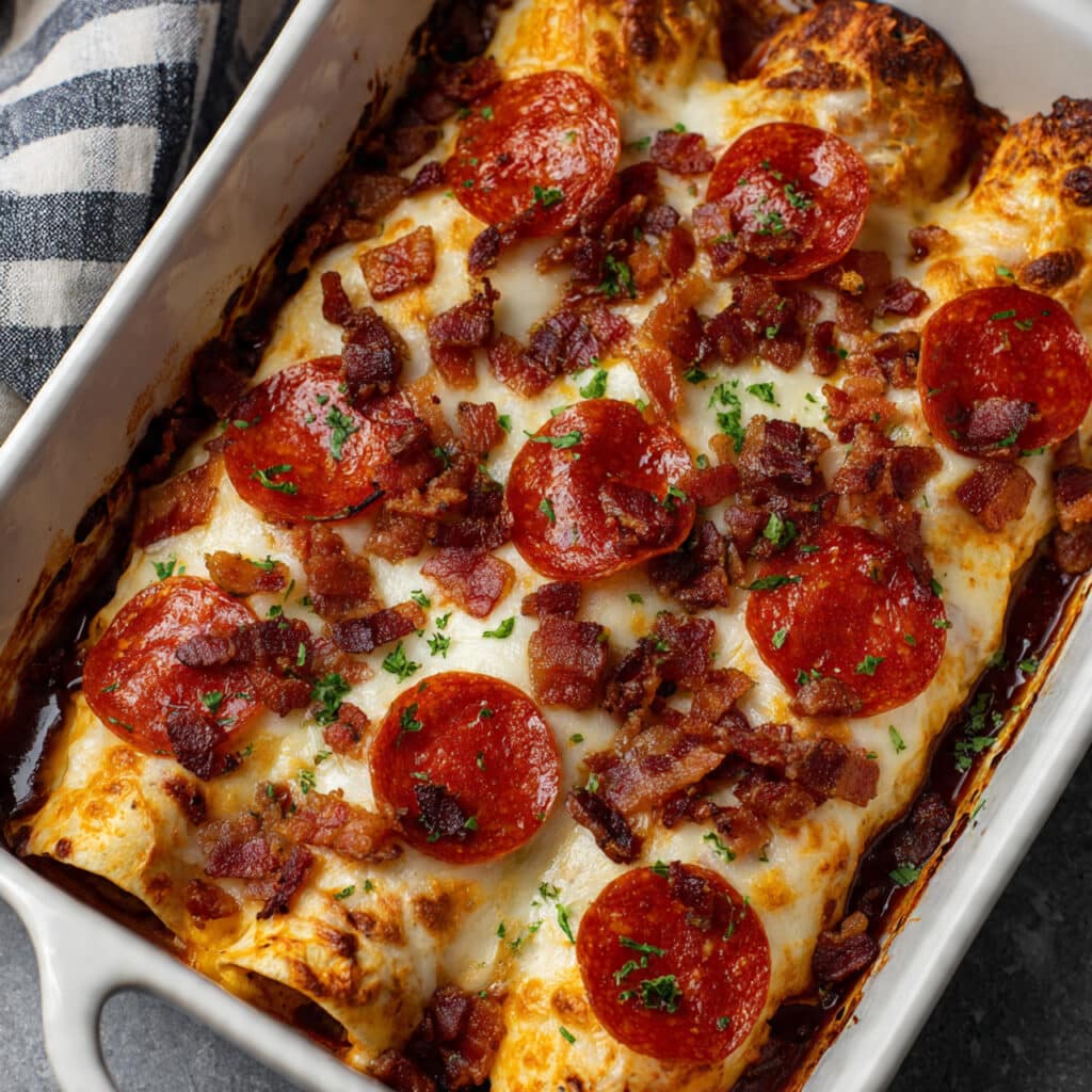 Golden-brown pizza enchiladas in a baking dish topped with melted mozzarella cheese, pepperoni slices, and crumbled bacon with pizza sauce