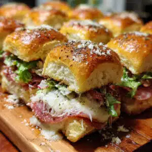 Italian Grinder Sliders feature warm, buttery Hawaiian rolls loaded with Italian meats and cheese, topped with a crisp, tangy grinder salad