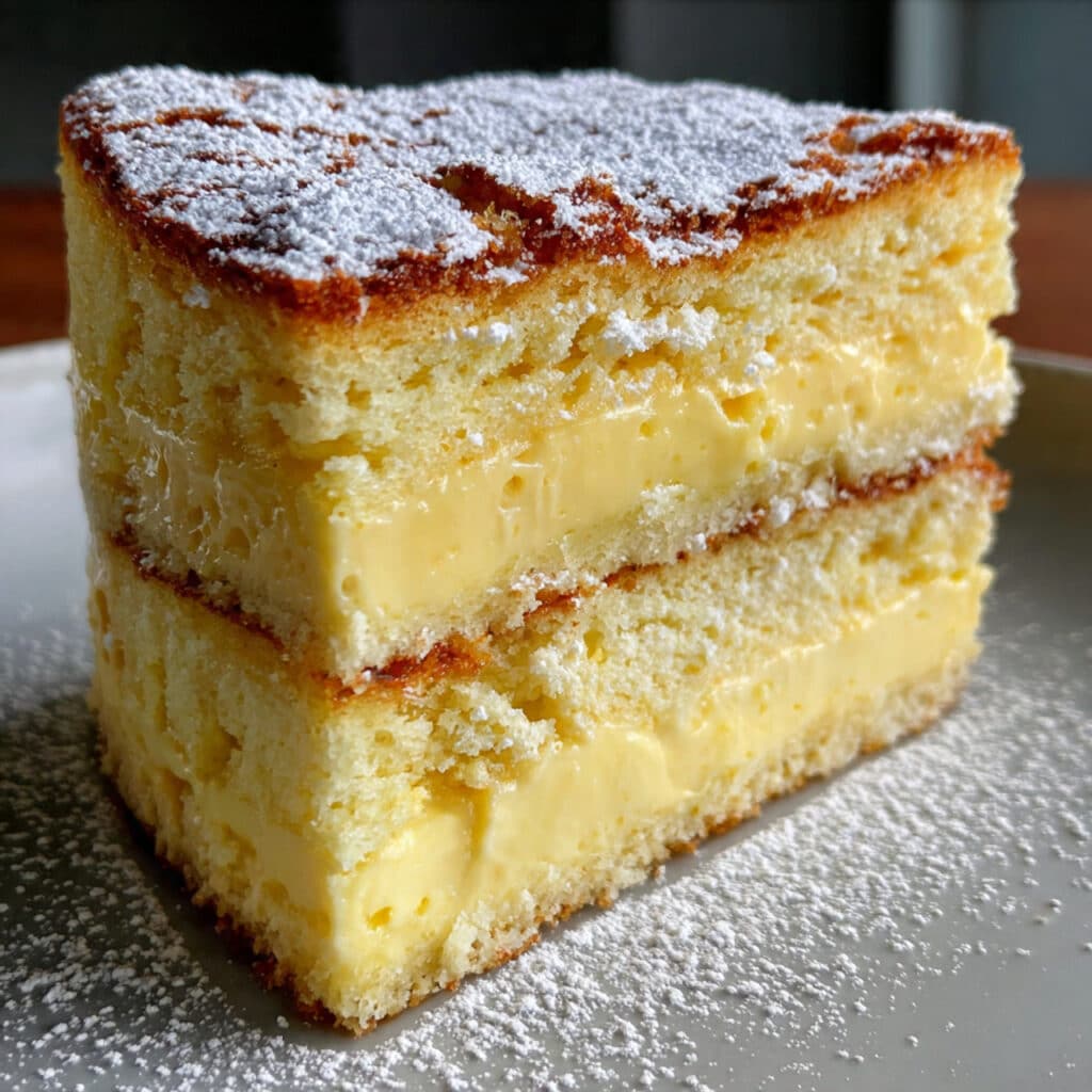 Layer Lemon Custard Cake — one batter transforms into three gorgeous layers! Light sponge top, creamy custard center, and tender cake base.