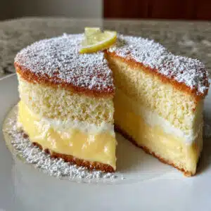 Layer Lemon Custard Cake — one batter transforms into three gorgeous layers! Light sponge top, creamy custard center, and tender cake base.