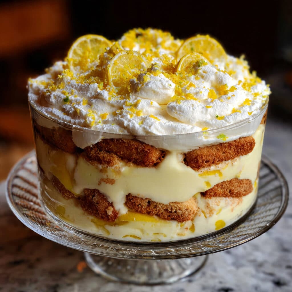 Layered limoncello tiramisu dessert in a glass dish topped with powdered sugar and lemon zest, showing creamy mascarpone layers and soaked ladyfingers