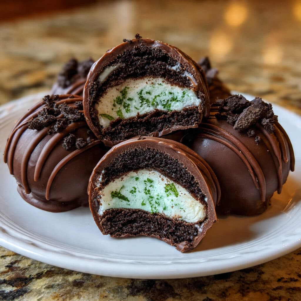 Round mint Oreo truffles coated in smooth chocolate with green sprinkles on a white serving platter