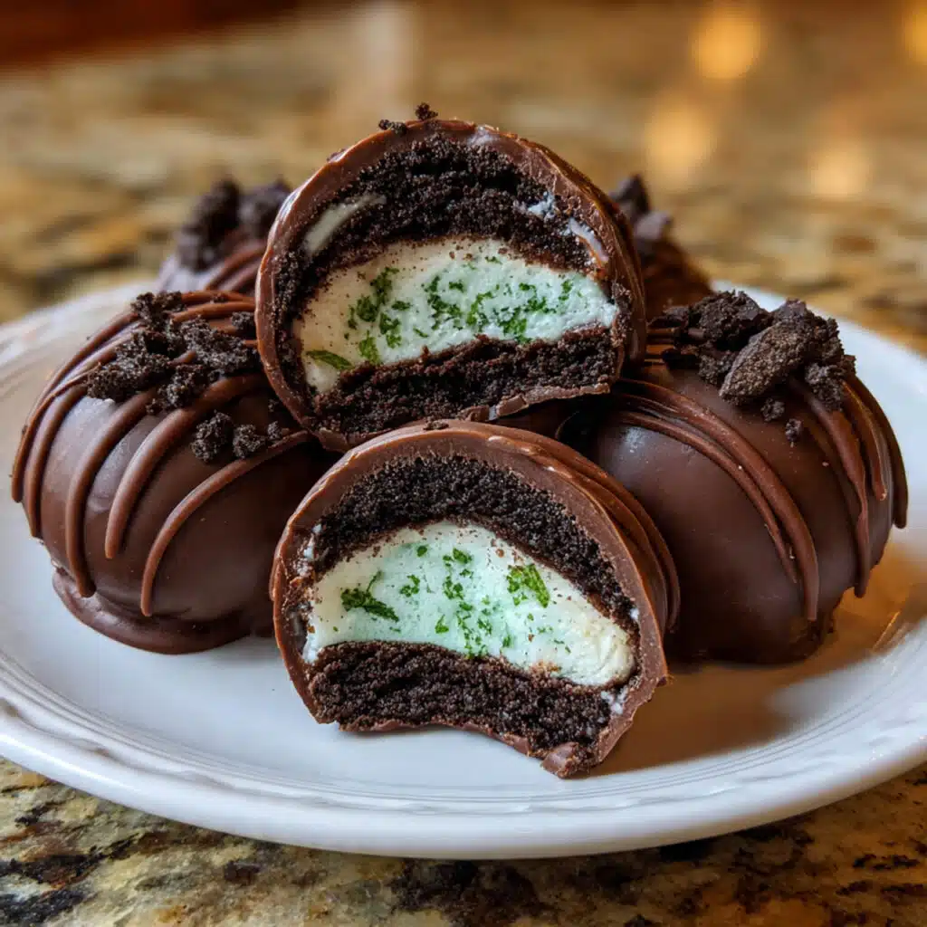 Round mint Oreo truffles coated in smooth chocolate with green sprinkles on a white serving platter