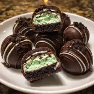 Round mint Oreo truffles coated in smooth chocolate with green sprinkles on a white serving platter