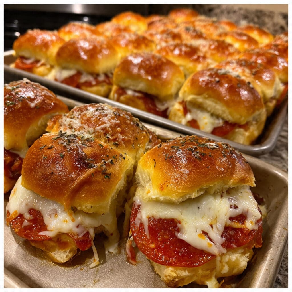 Golden brown pepperoni pizza sliders on a white plate with melted mozzarella cheese visible between soft slider buns, garnished with Italian herbs