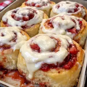 Warm strawberry cinnamon rolls with cream cheese icing drizzled on top, arranged in a baking dish with fresh strawberries nearby
