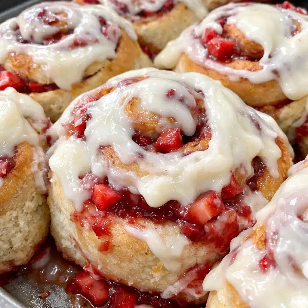 Warm strawberry cinnamon rolls with cream cheese icing drizzled on top, arranged in a baking dish with fresh strawberries nearby