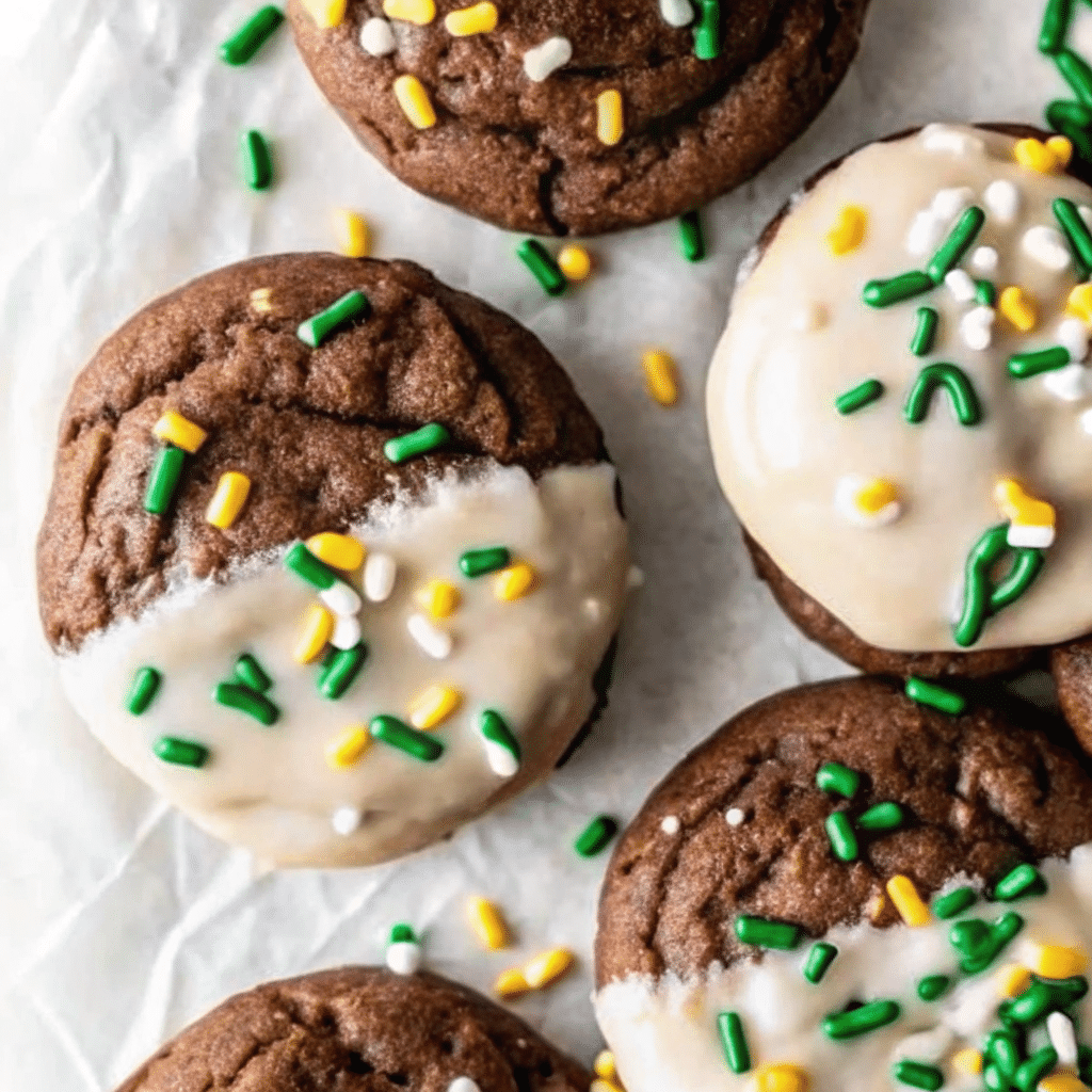 Soft, chocolatey Bailey's Irish Cream cookies with sweet Baileys icing drizzled on top, arranged on a white plate