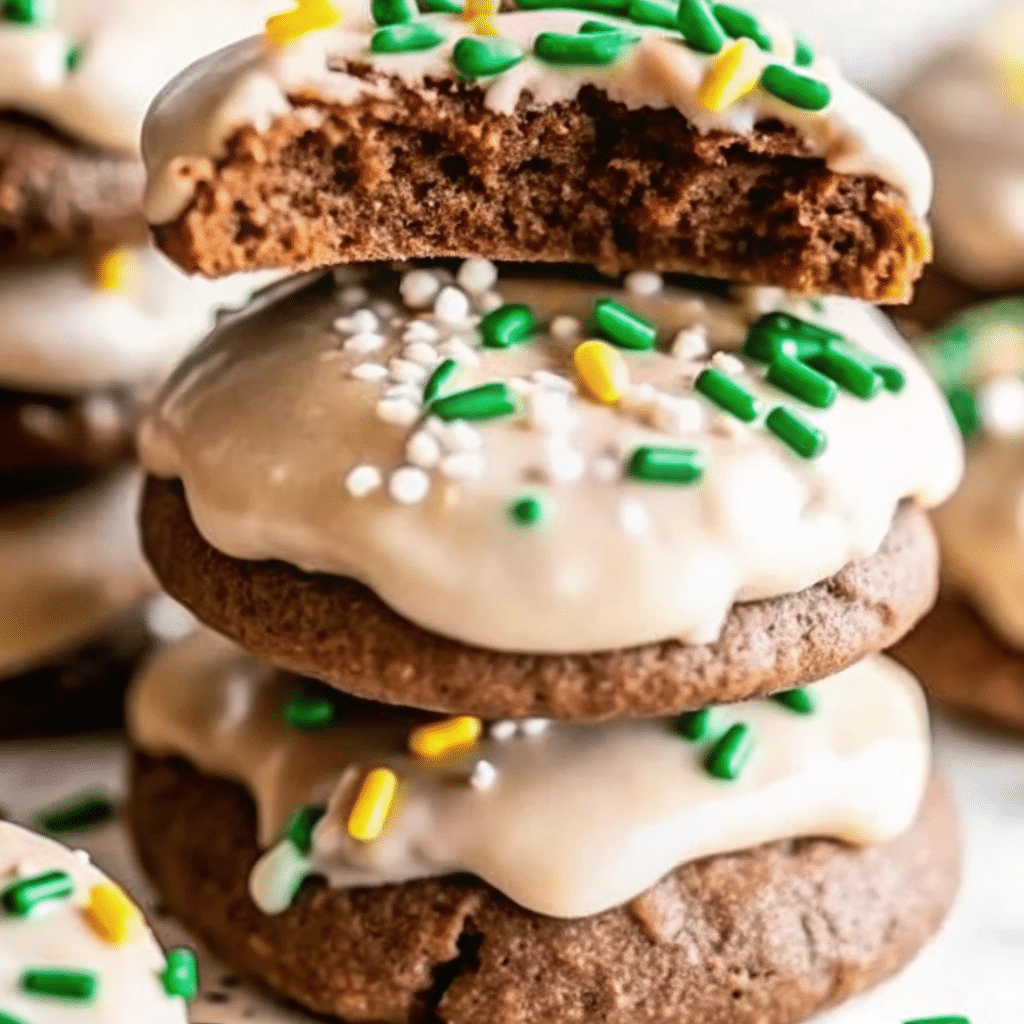 Soft, chocolatey Bailey's Irish Cream cookies with sweet Baileys icing drizzled on top, arranged on a white plate