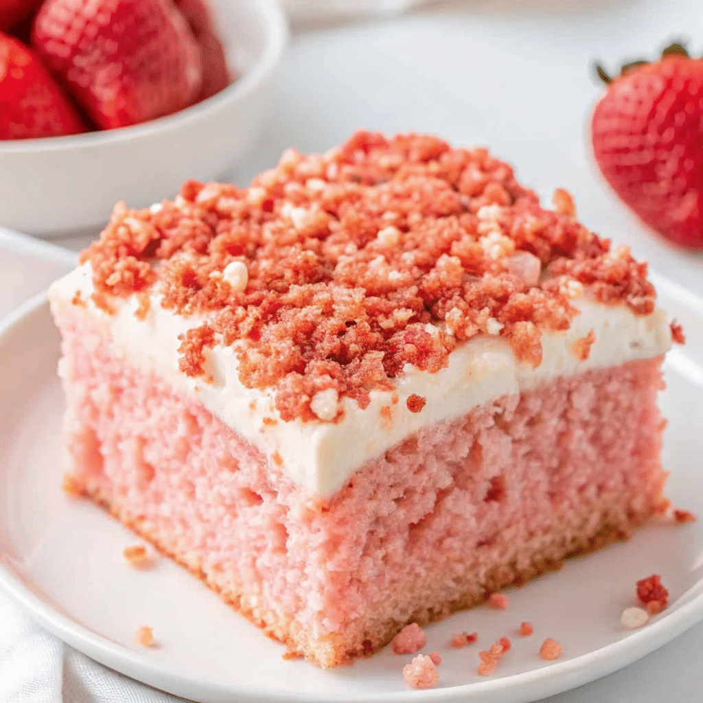 Strawberry Crunch Cake 6 strawberry crunch cake on a white plate with golden coconut-almond topping and fresh macerated strawberries on top