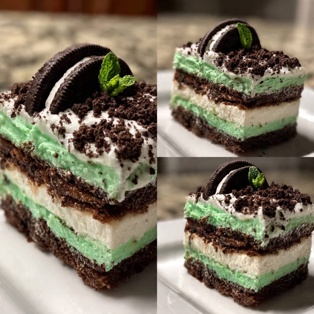 Layered Shamrock Lasagna dessert with chocolate Oreo crust, white cream cheese middle layer, and bright green mint pudding top layer