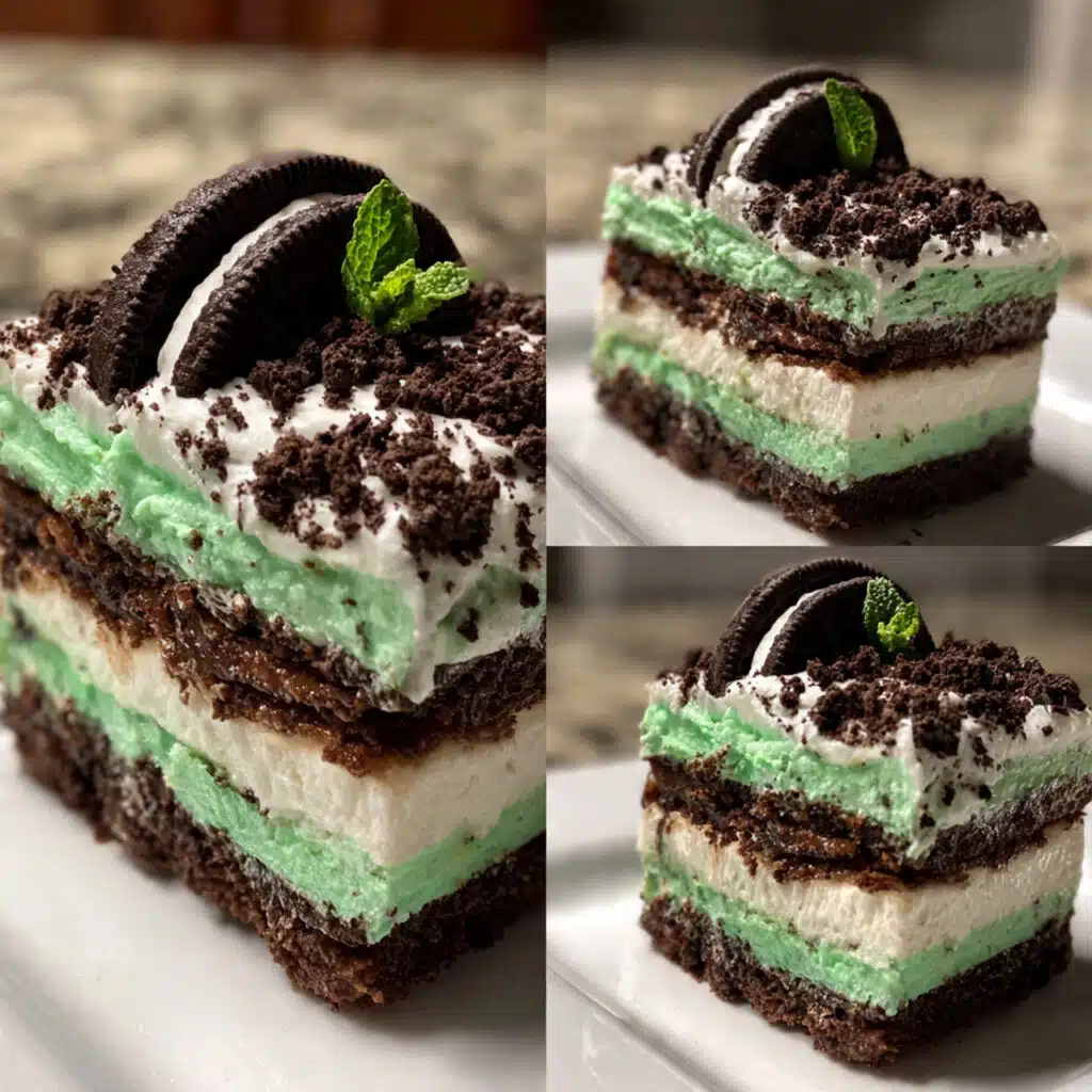 Layered Shamrock Lasagna dessert with chocolate Oreo crust, white cream cheese middle layer, and bright green mint pudding top layer