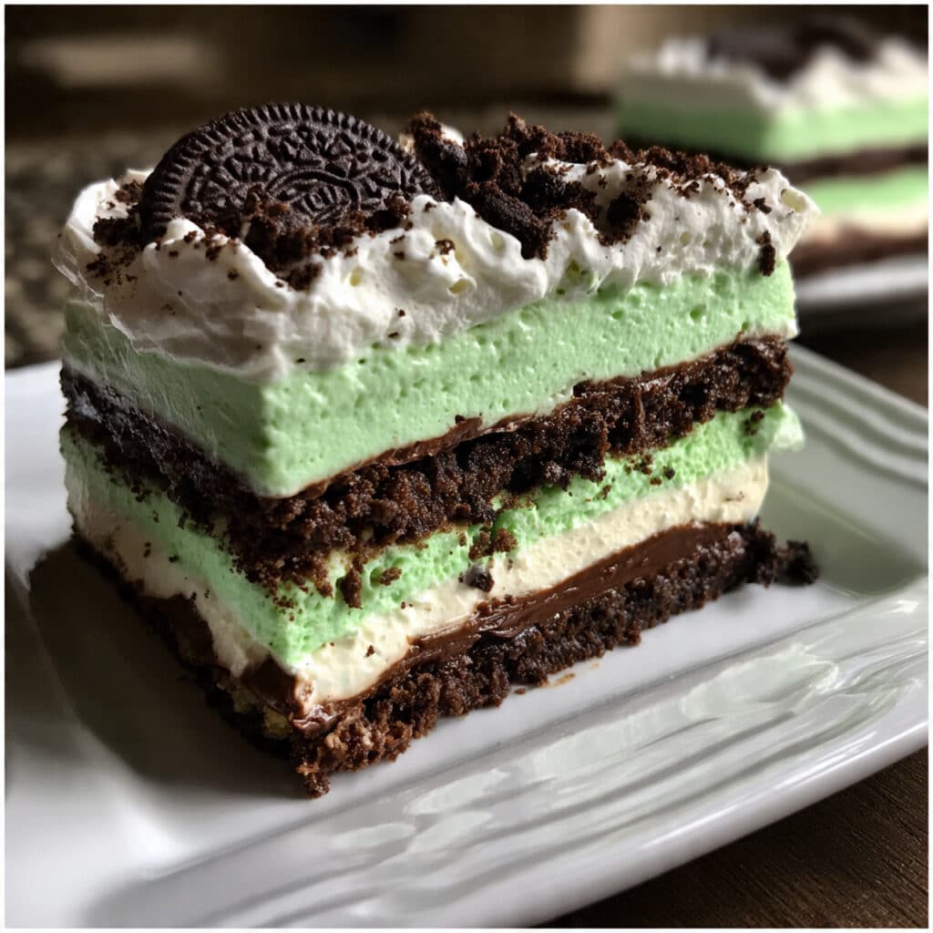 Layered Shamrock Lasagna dessert with chocolate Oreo crust, white cream cheese middle layer, and bright green mint pudding top layer