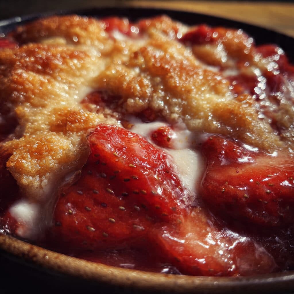 A golden-brown strawberry cobbler in a white baking dish with bubbling red strawberry filling visible around fluffy biscuit topping, served warm with a scoop of vanilla ice cream melting on t