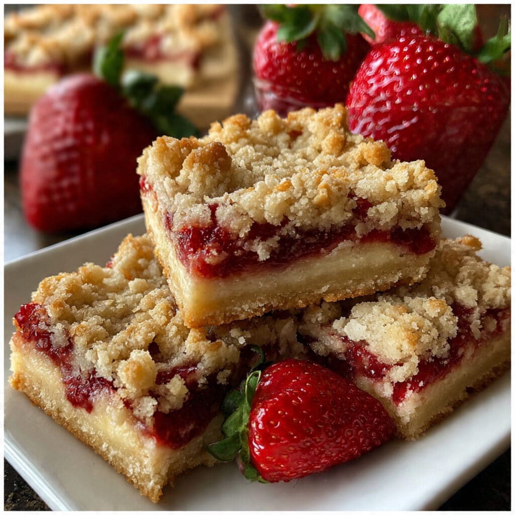 Golden brown strawberry crumb bars with visible red strawberry filling, cut into squares and arranged on a white plate