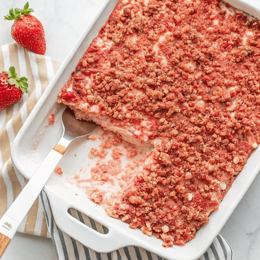 Strawberry Crunch Cake 4 strawberry crunch cake on a white plate with golden coconut-almond topping and fresh macerated strawberries on top